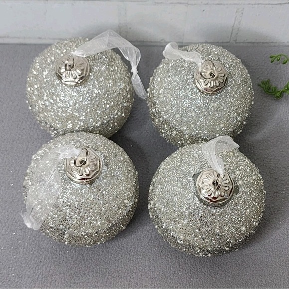 Silver Glitter Beads & Pearls Glass Ball Kugel Christmas Ornaments 4 Pc 5" - Picture 6 of 9